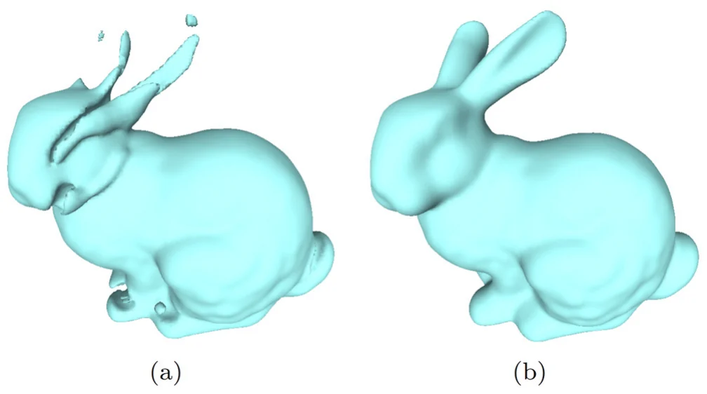 两个青色的 Stanford bunny 泊松重建结果。左图兔耳断裂成漂浮的碎片,身体也有损坏;右图兔子完整,兔耳完好。